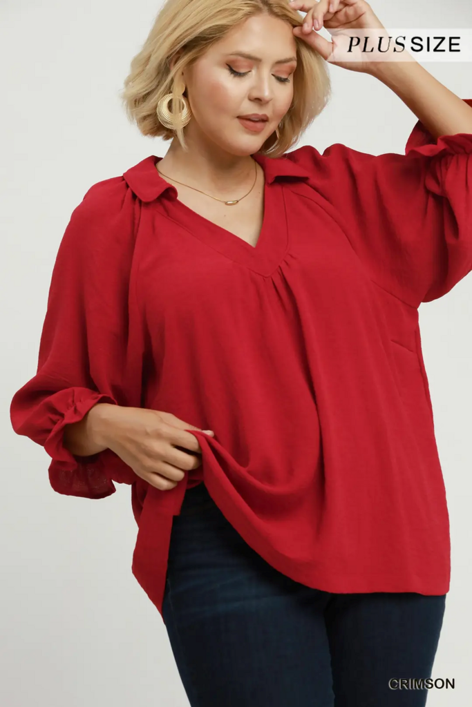 Solid Collared V-Neck Top w/Self-Binding Details in Crimson