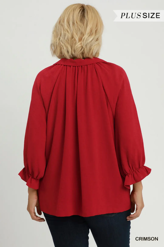 Solid Collared V-Neck Top w/Self-Binding Details in Crimson