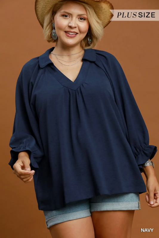 Solid Collared V-Neck Top w/Self-Binding Details in Navy