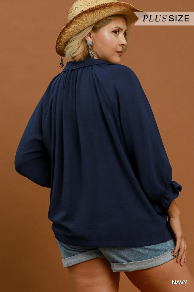 Solid Collared V-Neck Top w/Self-Binding Details in Navy
