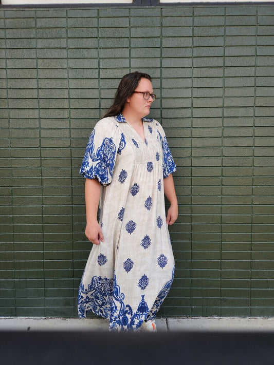 Abstract Border Print Smocked Front Yoke Midi Dress