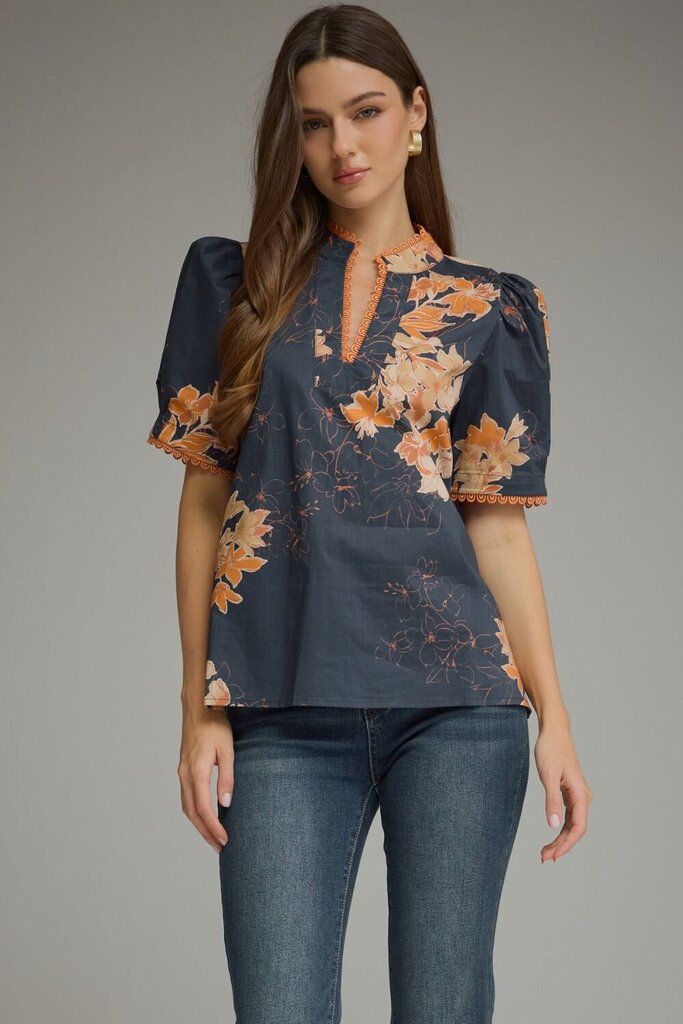 Navy/Orange Floral Blouse
