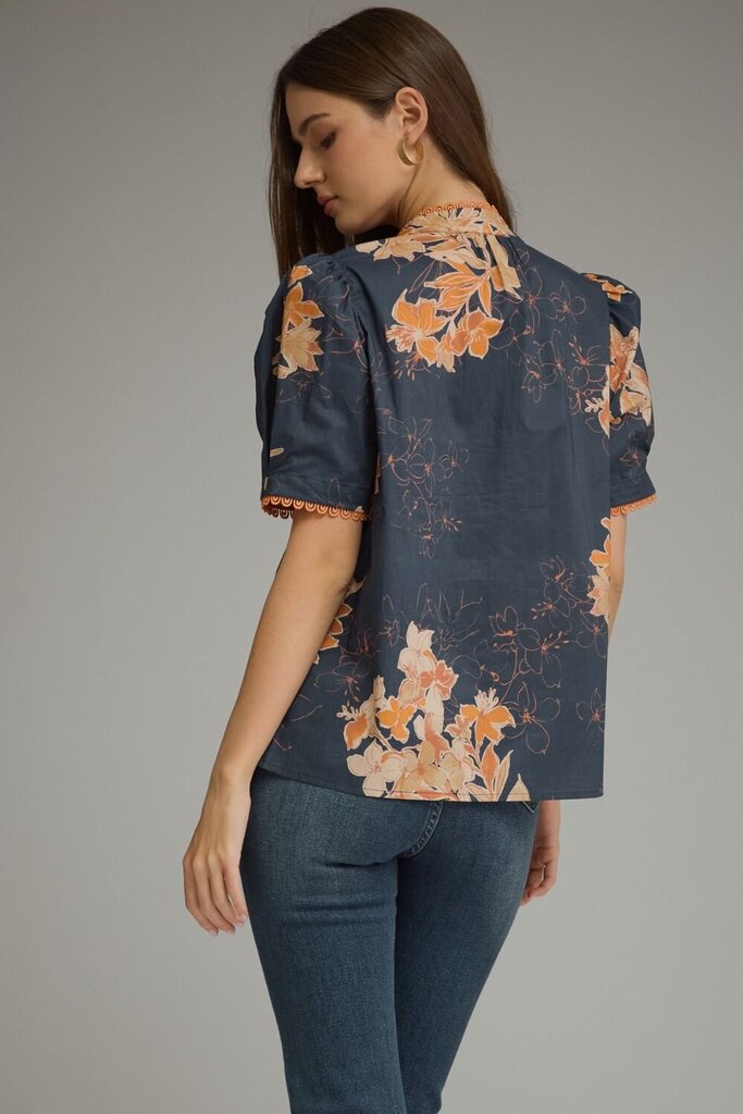 Navy/Orange Floral Blouse