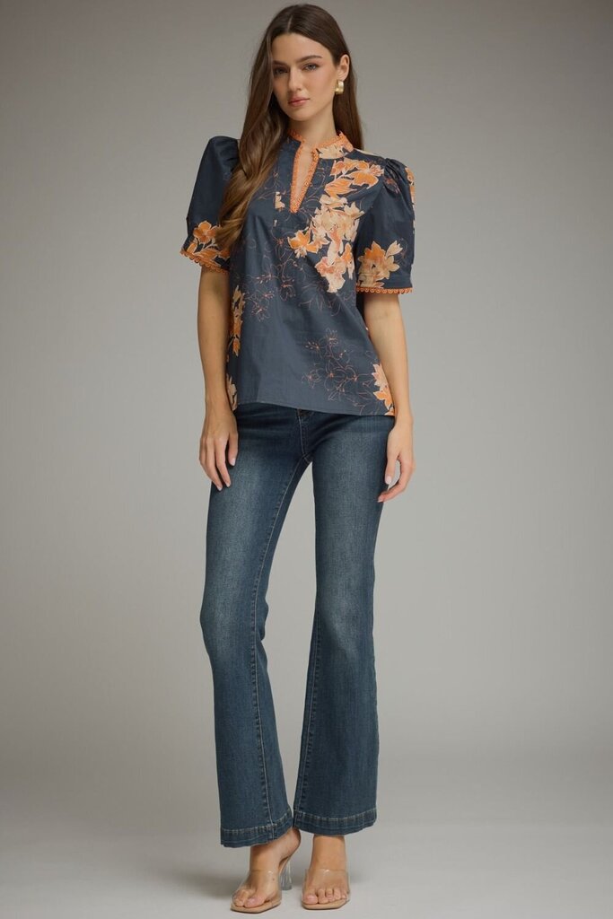 Navy/Orange Floral Blouse