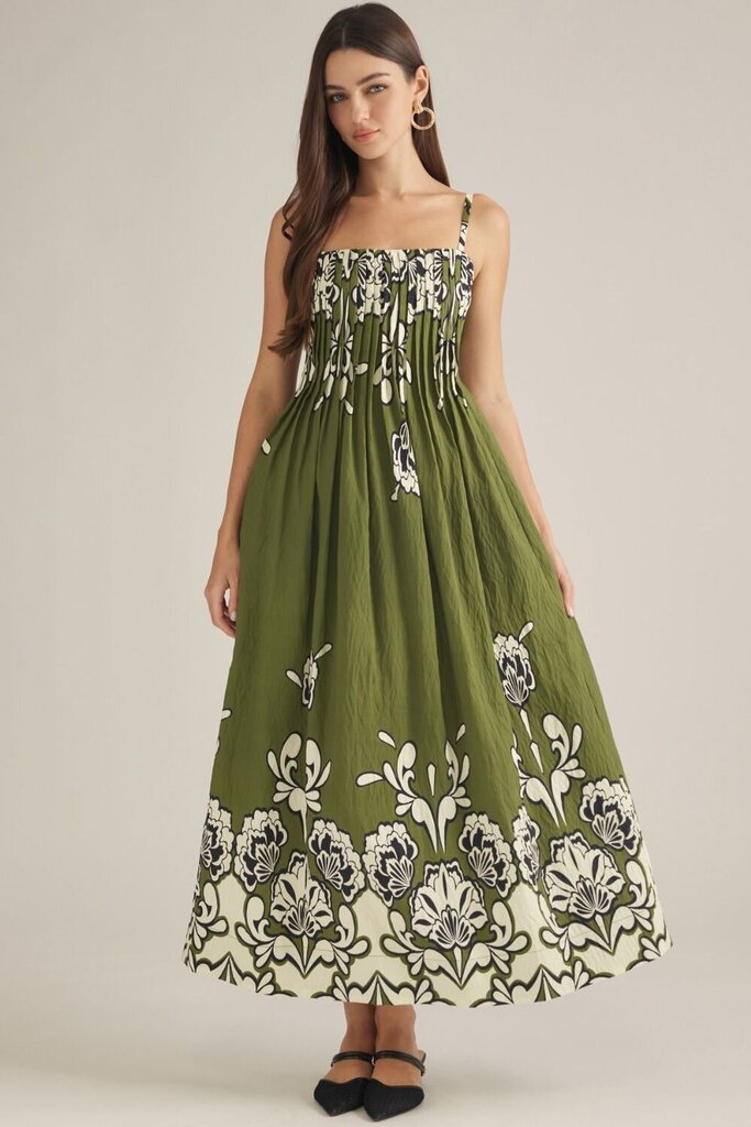 Sleeveless Olive Floral Midi Dress