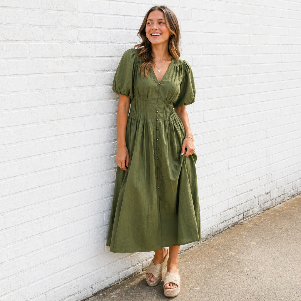 Button Down Pleated Middi