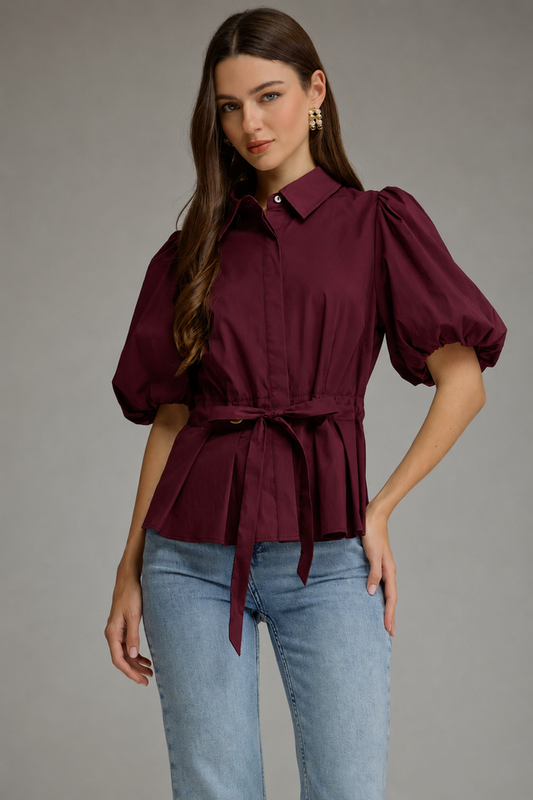 Tie Waist Wine Blouse