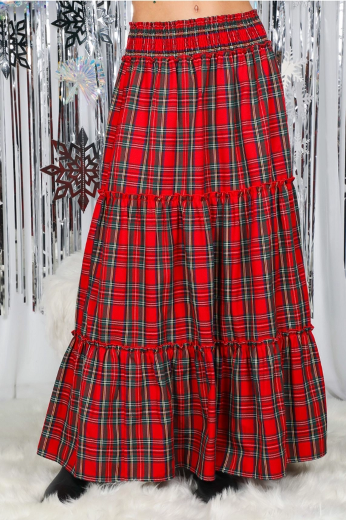Flowy Plaid Bohemian Tiered Maxi Skirt