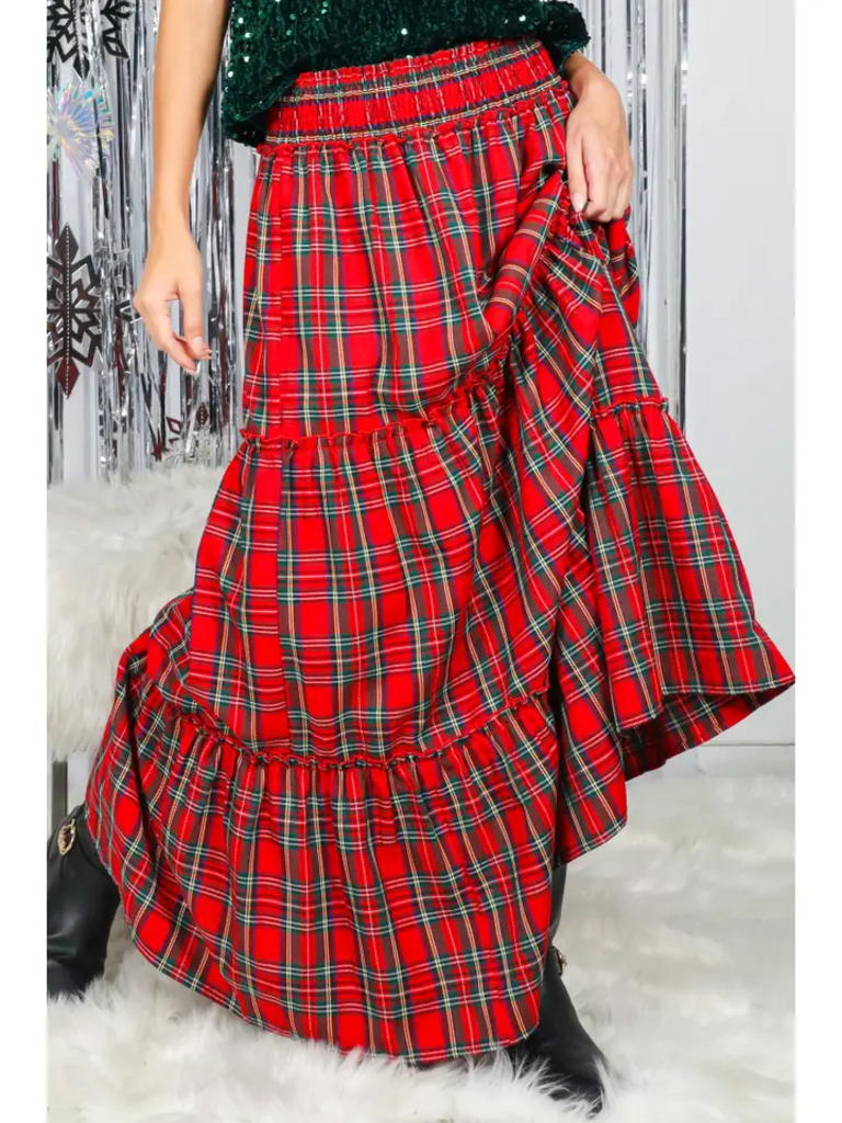 Flowy Plaid Bohemian Tiered Maxi Skirt