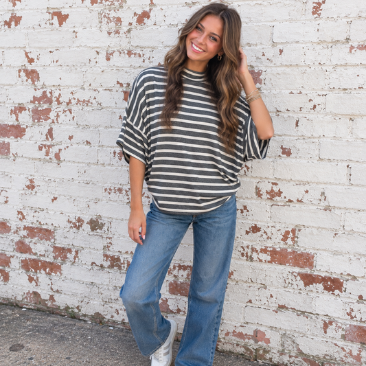 Striped Mock Neck Dolman Top