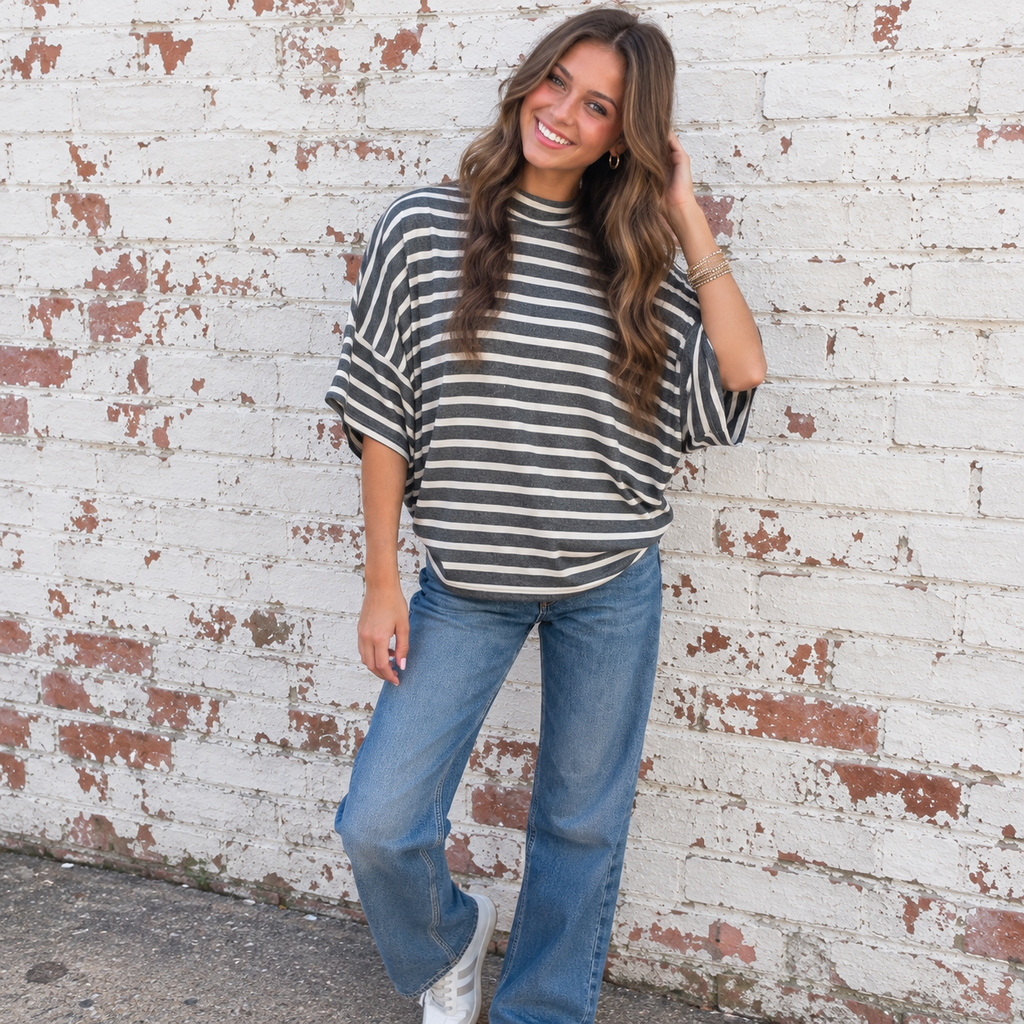 Striped Mock Neck Dolman Top