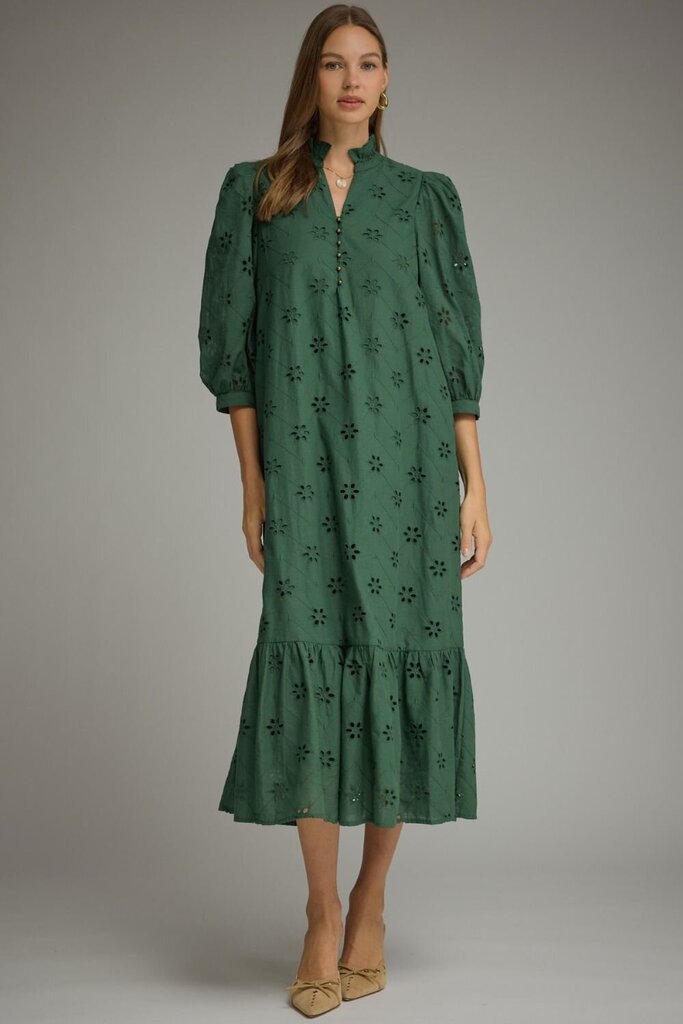 Floral Eyelet 3/4 Puff Sleeve Midi Dress- Curvy