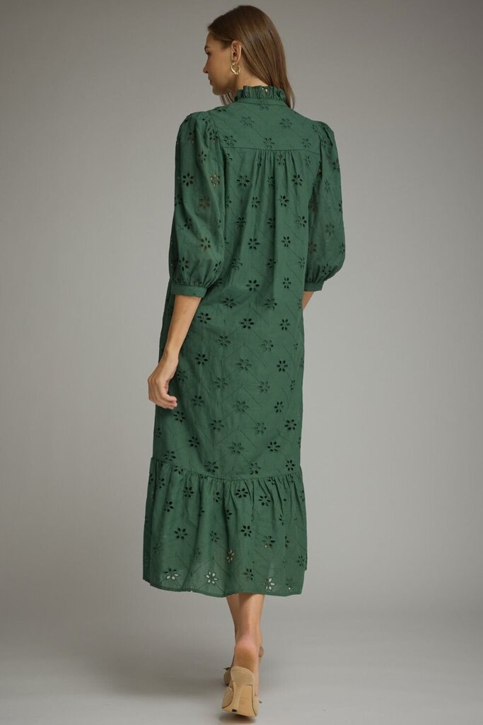 Floral Eyelet 3/4 Puff Sleeve Midi Dress