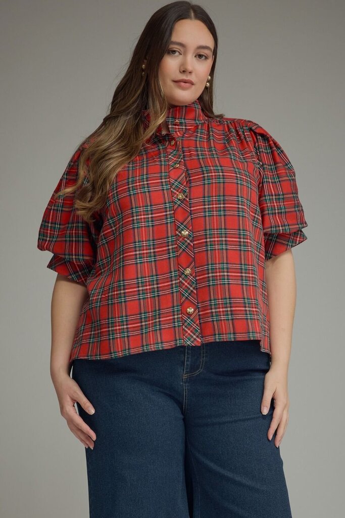Plaid Puff Sleeve Button-Down Blouse