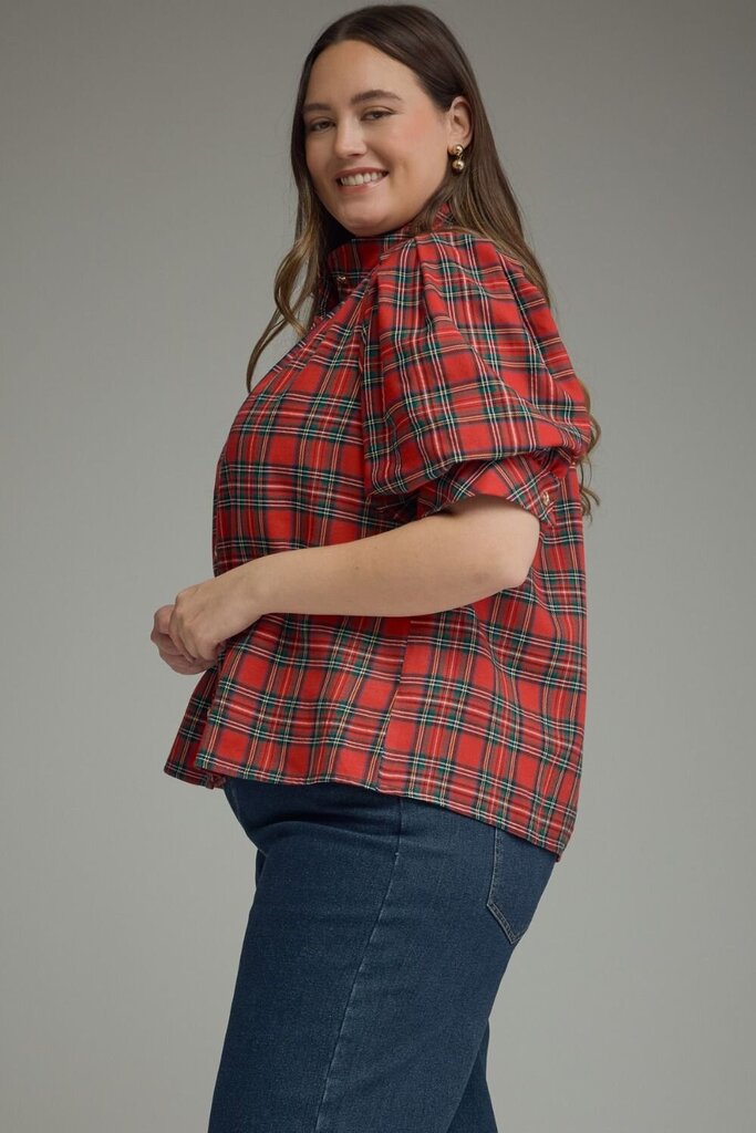 Plaid Puff Sleeve Button-Down Blouse