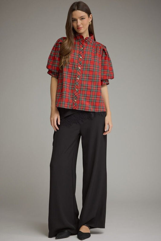 Plaid Puff Sleeve Holiday Top