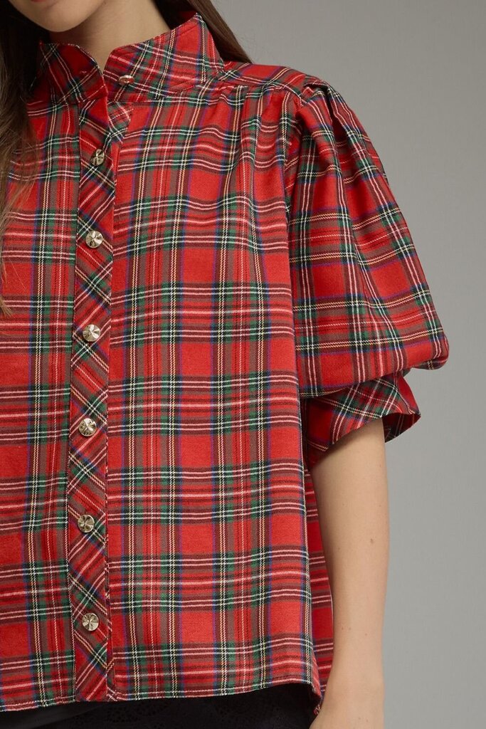 Plaid Puff Sleeve Holiday Top