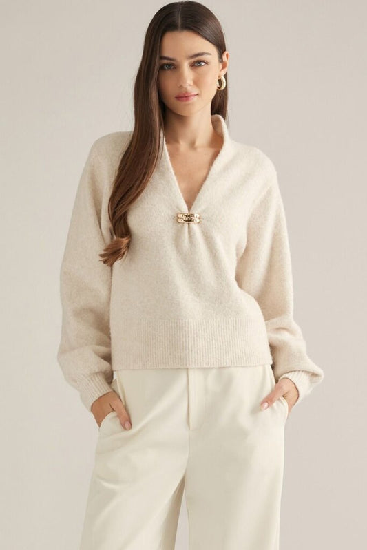 Gold Accent V-Neck Knit Top