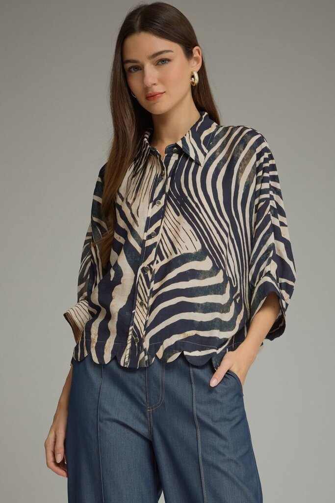 Zebra Poncho Sleeve Button Down Top
