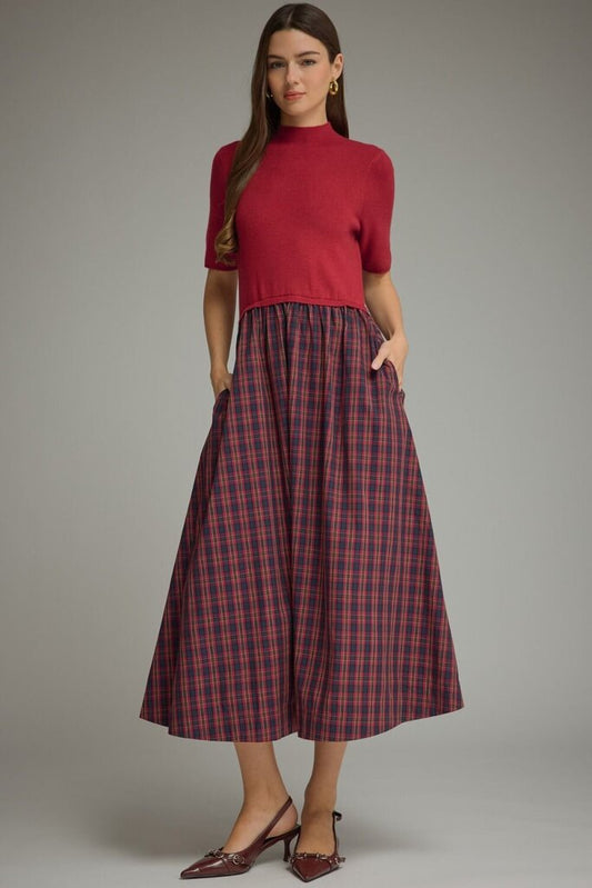 Plaid Mix Media Mock Neck Middi