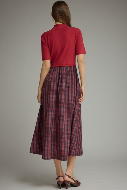 Plaid Mix Media Mock Neck Middi