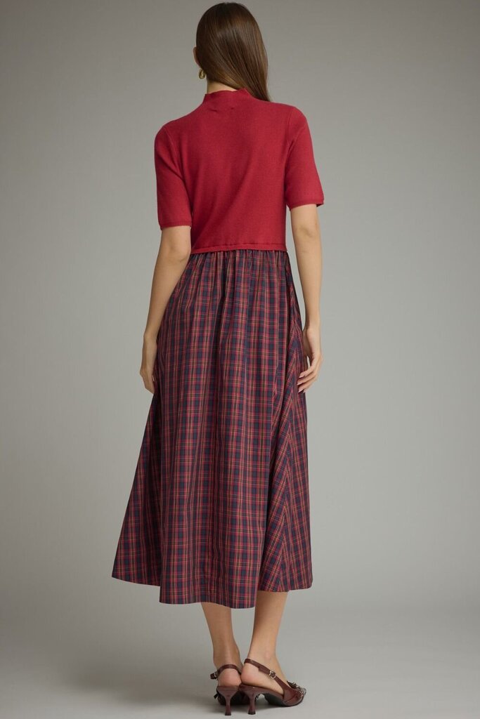 Plaid Mix Media Mock Neck Middi