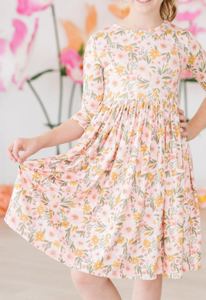 Pretty Peachy 3/4 Sleeve Pocket Twirl Dress