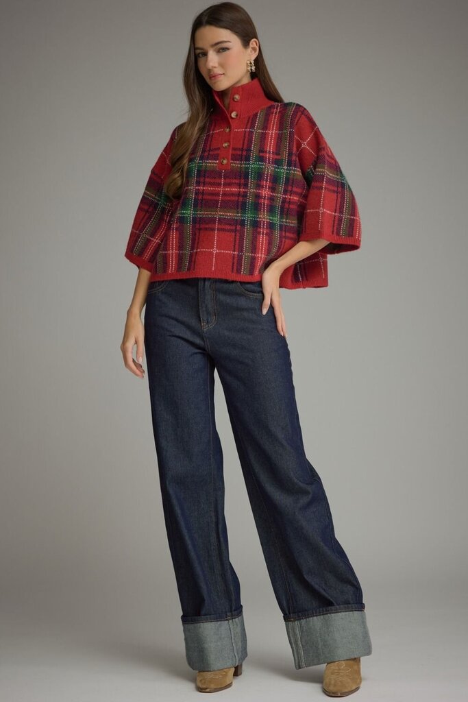 Plaid 3/4 Sleeve Sweater